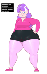 Size: 900x1412 | Tagged: safe, artist:secretgoombaman12345, diamond tiara, human, ask chubby diamond, g4, caption, chubby, cleavage, clothes, diamond thighara, earring, fat, female, grin, hips, humanized, pose, shorts, thighs, thunder thighs, tights, tumblr, weight loss, wide hips