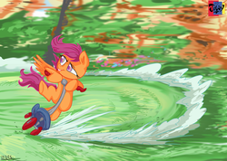 Size: 1199x856 | Tagged: safe, artist:jowyb, scootaloo, pegasus, pony, g4, bipedal, bipedal leaning, blank flank, drifting, female, filly, gotta go fast, leaning, male, motion blur, scooter, signature, smiling, smirk, smug, solo, sonic the hedgehog, sonic the hedgehog (series), spread wings, wings