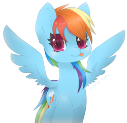 Size: 1553x1501 | Tagged: safe, artist:e-pon, rainbow dash, g4, :p, cute, dashabetes, female, fluffy, looking at you, raised hoof, reflection, simple background, solo, spread wings, tongue out, white background