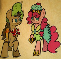 Size: 912x875 | Tagged: safe, artist:pinkie-pielock, doctor whooves, pinkie pie, time turner, g4, bowtie, clothes, costume, cupcake, duo, pear, traditional art