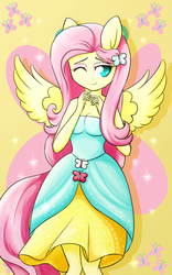 Size: 2604x4181 | Tagged: safe, artist:riouku, fluttershy, equestria girls, g4, fall formal outfits, female, ponied up, solo, wink