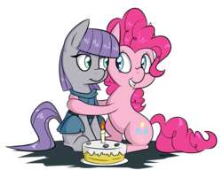 Size: 1300x1000 | Tagged: safe, artist:notenoughapples, maud pie, pinkie pie, g4, birthday cake, cake, candle, grin, hug, simple background, smiling, transparent background