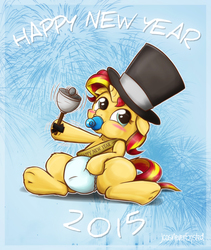 Size: 1974x2342 | Tagged: safe, artist:jcosneverexisted, sunset shimmer, pony, unicorn, g4, baby, baby new year, baby pony, bell, cute, diaper, female, filly, foal, happy new year, hat, new year, poofy diaper, sash, shimmerbetes, solo, top hat