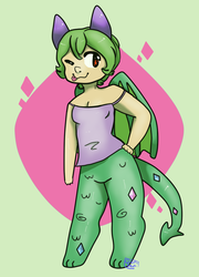 Size: 631x874 | Tagged: safe, artist:gren-tea, oc, oc only, oc:snap, satyr, cleavage, female, offspring, parent:crackle, solo