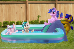 Size: 992x659 | Tagged: safe, artist:christmaslolly, sea swirl, seafoam, oc, classical unicorn, g4, female, filly, horn, leonine tail, seaswirl the sea explorer, swimming pool, tumblr, younger