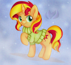 Size: 646x587 | Tagged: safe, artist:raininess, sunset shimmer, pony, unicorn, g4, clothes, cute, female, raised hoof, shimmerbetes, smiling, solo, sweater