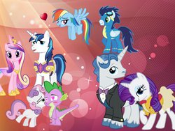 Size: 600x450 | Tagged: safe, fancypants, princess cadance, rainbow dash, rarity, shining armor, soarin', spike, sweetie belle, g4, female, heart, male, ship:raripants, ship:shiningcadance, ship:soarindash, ship:spikebelle, shipping, something else also rises, straight, tailboner, various artists