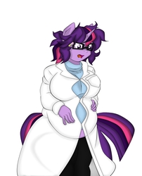 Size: 1308x1619 | Tagged: safe, artist:mad'n evil, sci-twi, twilight sparkle, anthro, g4, big breasts, breasts, busty twilight sparkle, chubby, clothes, expansion, fat, female, glasses, lab coat, solo, weight gain