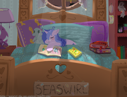Size: 936x712 | Tagged: safe, artist:christmaslolly, sea swirl, seafoam, g4, bed, book, female, filly, seaswirl the sea explorer, sleeping, solo, the rainbow fish, tumblr, younger