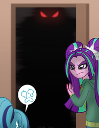 Size: 695x896 | Tagged: safe, artist:faith-wolff, aria blaze, sonata dusk, kaiju, fanfic:the bridge, equestria girls, g4, crossover, dark, female, glowing eyes, godzilla (series), humanized, monster x, red eyes, toho