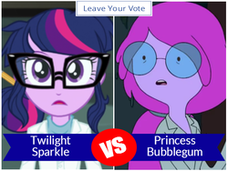 Size: 600x450 | Tagged: safe, sci-twi, twilight sparkle, human, equestria girls, g4, crossover, princess bubblegum, vs.