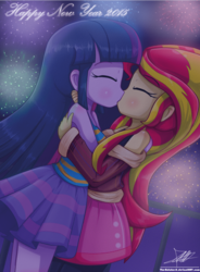 Size: 740x1008 | Tagged: safe, artist:the-butch-x, sunset shimmer, twilight sparkle, equestria girls, g4, 2015, alternate clothes, cute, duo, eyes closed, female, fireworks, happy new year, kiss on the lips, kissing, lesbian, shimmerbetes, ship:sunsetsparkle, shipping, twiabetes, twilight sparkle (alicorn)