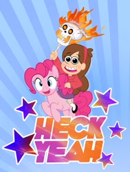 Size: 778x1028 | Tagged: safe, artist:pixelkitties, pinkie pie, g4, crossover, fire, gravity falls, humans riding ponies, looking at you, mabel pines, male, riding, skull