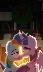 Size: 1152x1920 | Tagged: safe, artist:zvn, rainbow dash, twilight sparkle, alicorn, pony, g4, blushing, christmas stocking, crown, female, fireplace, lesbian, library, mare, ship:twidash, shipping, smiling, twilight sparkle (alicorn), wreath