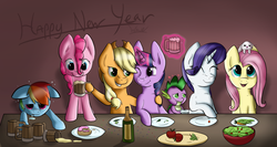 Size: 3000x1593 | Tagged: safe, artist:wave-realm, angel bunny, applejack, fluttershy, pinkie pie, rainbow dash, rarity, spike, twilight sparkle, g4, apple cider, donut, glowing horn, grapes, happy new year, horn, mane seven, mane six, plate, salad, wine bottle