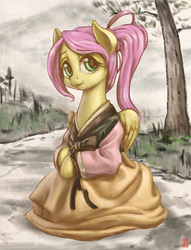 Size: 2168x2836 | Tagged: safe, artist:mrs1989, fluttershy, pegasus, pony, g4, clothes, female, hanbok, high res, looking at you, mare, ponytail, smiling, solo, tree
