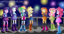 Size: 6000x3246 | Tagged: safe, artist:vixelzf, applejack, fluttershy, pinkie pie, rainbow dash, rarity, sunset shimmer, twilight sparkle, human, equestria girls, g4, 2015, absurd resolution, cute, fireworks, happy new year, humane five, humane seven, humane six, twilight sparkle (alicorn)