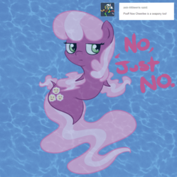 Size: 898x900 | Tagged: artist needed, dead source, safe, cheerilee, sea pony, ask seapony luna, g4, ask, cheerilee is not amused, fins, fish tail, flowing mane, ocean, palindrome get, seapony cheerilee, species swap, swimming, tail, tumblr, unamused, underwater, water