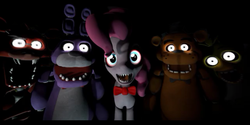 Size: 800x400 | Tagged: safe, edit, pinkie pie, five nights at aj's, g4, bonnie (fnaf), chica, creepy, dark, five nights at freddy's, foxy, freddy fazbear, glowing eyes, nightmare fuel