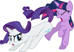 Size: 3561x2489 | Tagged: safe, artist:porygon2z, rarity, twilight sparkle, pony, unicorn, g4, sonic rainboom (episode), butt bump, butt smash, high res, now go on, simple background, transparent background, vector