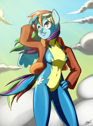 Size: 1280x1720 | Tagged: safe, artist:skecchiart, rainbow dash, pegasus, anthro, g4, belly button, bomber jacket, clothes, cloud, female, goggles, skintight clothes, sky, solo, wonderbolts uniform