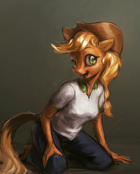 Size: 724x900 | Tagged: safe, artist:assasinmonkey, applejack, earth pony, anthro, unguligrade anthro, g4, clothes, female, solo