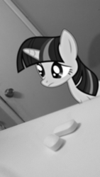 Size: 1440x2560 | Tagged: safe, artist:crucifythewolf, twilight sparkle, g4, black and white, grayscale, irl, monochrome, photo, pills, ponies in real life, sad, vector