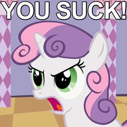 Size: 700x700 | Tagged: safe, edit, edited screencap, screencap, sweetie belle, g4, sisterhooves social, angry, caption, female, image macro, open mouth, reaction image, solo, yelling