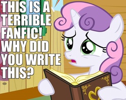 Size: 850x675 | Tagged: safe, edit, edited screencap, screencap, sweetie belle, g4, hearts and hooves day (episode), book, caption, fanfic, female, hearts and hooves day, image macro, meme, meta, reaction image, solo, upset