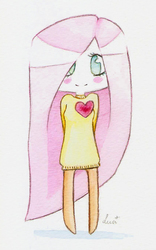 Size: 850x1360 | Tagged: safe, artist:lantaniel, fluttershy, human, g4, chibi, clothes, female, heart, humanized, solo, sweater, sweatershy, traditional art, watercolor painting