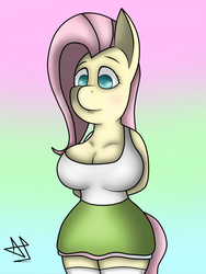 Size: 1024x1365 | Tagged: safe, artist:declouder, fluttershy, anthro, g4, breasts, busty fluttershy, clothes, equestria girls outfit, female, solo