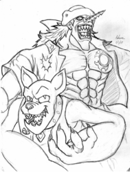 Size: 755x1000 | Tagged: safe, artist:irie-mangastudios, rover, diamond dog, fish-men, g4, antagonist, arlong, crossover, monochrome, one piece, pencil drawing, traditional art