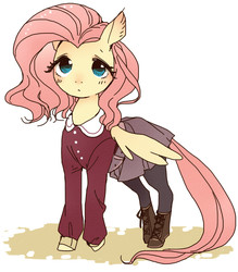 Size: 555x634 | Tagged: safe, artist:pasikon, fluttershy, pegasus, pony, g4, blouse, blushing, clothes, female, looking at you, mare, pantyhose, shoes, skirt, solo, spread wings, standing, wings