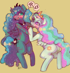 Size: 700x729 | Tagged: safe, artist:hae-hyun, princess celestia, princess luna, blushing, body writing, not blood, painting, panting