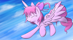 Size: 1960x1080 | Tagged: safe, artist:dshou, oc, oc only, oc:ribbon rhythm, pegasus, pony, bow, cloud, female, flying, hair bow, mare, one eye closed, sky, solo, spread wings, wings, wink