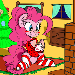 Size: 1000x1000 | Tagged: safe, artist:eduardo-rivera, artist:reiduran, pinkie pie, g4, clothes, female, hot chocolate, sitting, socks, solo, striped socks