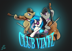 Size: 2046x1447 | Tagged: safe, artist:lovelyneckbeard, concerto, dj pon-3, octavia melody, vinyl scratch, earth pony, pony, g4, bipedal, bow (instrument), cello, cello bow, commission, female, male, mare, musical instrument, stallion, sunglasses, turntable, violin, violin bow