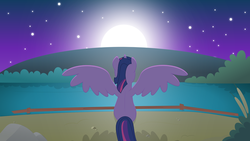 Size: 1920x1080 | Tagged: safe, artist:oobrushstrokeoo, twilight sparkle, alicorn, pony, g4, female, fence, full moon, hill, mare, night, owl city, shadown, shooting star, song reference, spread wings, twilight sparkle (alicorn)