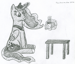 Size: 3200x2769 | Tagged: safe, artist:techarmsbu, princess luna, g4, female, high res, hot chocolate, marshmallow, monochrome, sitting, solo, table, traditional art