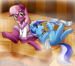 Size: 2000x1766 | Tagged: safe, artist:vavacung, cheerilee, minuette, earth pony, pony, g4, bathrobe, clothes, hooves up, open mouth, robe, sauna, sweat, towel, underhoof