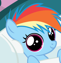 Size: 762x783 | Tagged: safe, artist:s.guri, part of a set, rainbow dash, g4, bed, dilated pupils, female, filly, filly rainbow dash, looking at you, smiling, solo, vector, younger