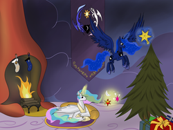 Size: 1024x768 | Tagged: safe, artist:chaotic-brony, princess celestia, princess luna, g4, banner, fireplace, flying, hearth's warming eve, magic, prone, telekinesis, tree