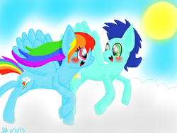 Size: 1024x768 | Tagged: safe, artist:dreamsofjelly2001, rainbow dash, soarin', g4, backwards cutie mark, female, male, old cutie mark, ship:soarindash, shipping, straight