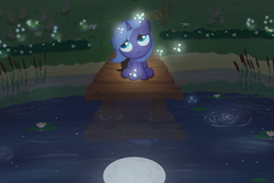 Size: 3000x2000 | Tagged: safe, artist:cpt-firespit, princess luna, firefly (insect), g4, cute, female, filly, high res, looking up, lunabetes, night, pond, reflection, sitting, smiling, solo, woona