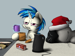 Size: 4000x3000 | Tagged: safe, artist:neitronik, dj pon-3, octavia melody, vinyl scratch, earth pony, pony, unicorn, g4, coffee, cookie jar, crumbs, dishes, drool, eating, eyes closed, glowing horn, hat, high res, horn, kettle, kitchen, magic, russian, santa hat, sink, sleeping, telekinesis, tired