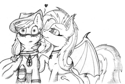 Size: 1074x720 | Tagged: safe, artist:crimson, applejack, fluttershy, g4, blushing, chest fluff, cross, ear fluff, female, flutterbat, hunterjack, lesbian, licking, monochrome, raised hoof, ship:appleshy, shipping, traditional art, wide eyes