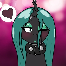 Size: 2880x2880 | Tagged: safe, artist:professorprowaffles, queen chrysalis, changeling, changeling queen, g4, blushing, collar, cute, cutealis, cuteling, female, heart, high res, kissing, looking at you, solo, wink