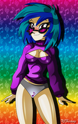 Size: 550x875 | Tagged: safe, artist:xjkenny, dj pon-3, vinyl scratch, human, g4, blushing, boob window, breasts, busty vinyl scratch, cleavage, clothes, female, humanized, keyhole turtleneck, looking at you, no pants, open-chest sweater, panties, solo, sweater, turtleneck, underwear