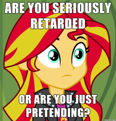 Size: 610x637 | Tagged: safe, sunset shimmer, equestria girls, g4, image macro, meme, reaction image, retarded, solo