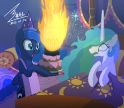Size: 1280x1114 | Tagged: safe, artist:bluse, princess celestia, princess luna, alicorn, pony, g4, 1000, apron, bed, bipedal, birthday, cake, candle, clothes, d:, duo, female, fire, frown, happy, hat, hoof hold, immortality, immortality blues, mare, messy mane, missing accessory, open mouth, party hat, show accurate, shrunken pupils, smiling, wide eyes